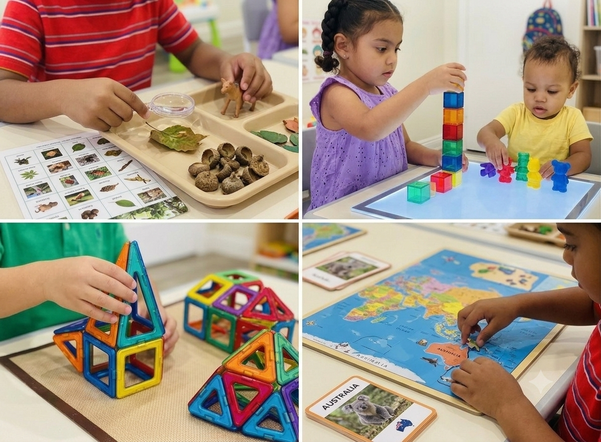 Children exploring nature and building